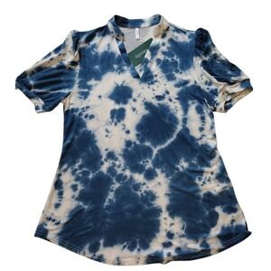 Anyally Blouse Woman's M Blue White Tie Dye Short Sleeve V‎ Neck